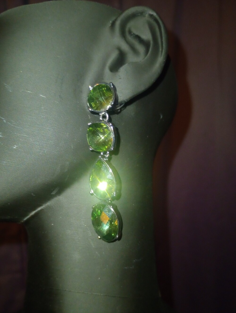 Green Crystal And Gun Metal Drop Earrings